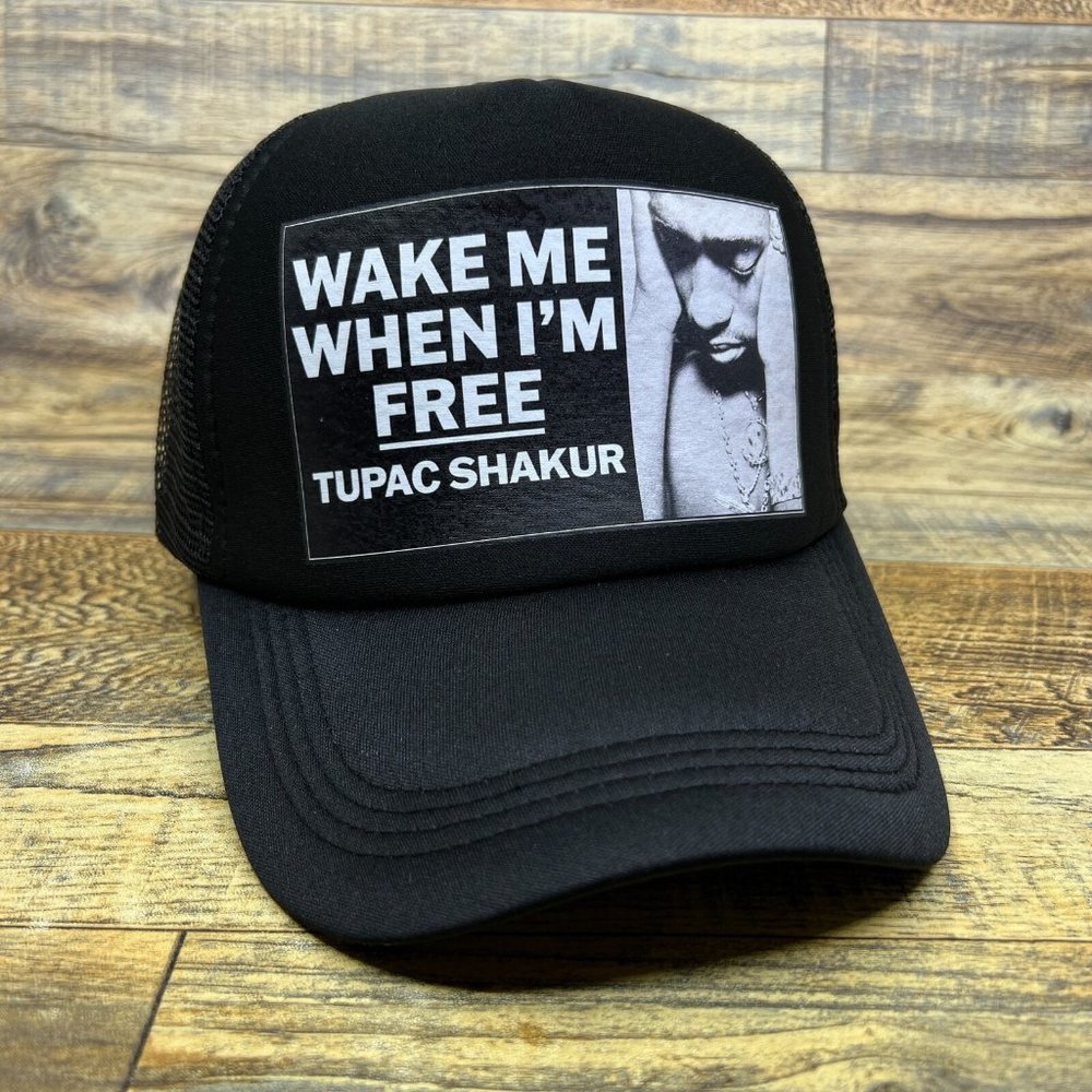 Tupac Mens Trucker Hat Black Snapback Wake Me When I'm Free 90s Hip Hop Ball Cap